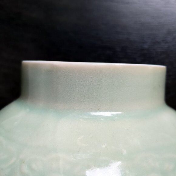 Wildwood Home Celadon Glazed Ginger Jar Lamp Base w/ Floral Fauna Engraving - Picture 8 of 12